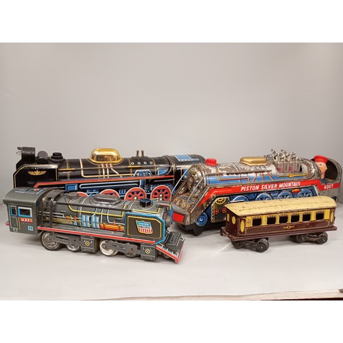 2019 - Three Japan made tin-plate model locomotives, two large by Modern Toys including Piston Silver Mount... 