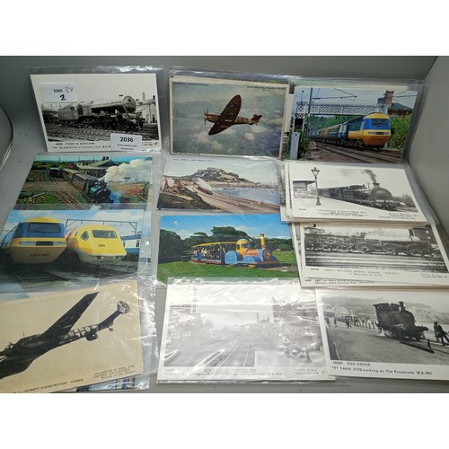 2036 - A collection of early 20th century and later transport postcards with trains, trams, aircraft, etc.,... 