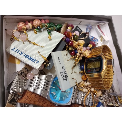 2059 - A box of costume jewellery includes a silver ring, and six wristwatches including gold-tone Casio di... 