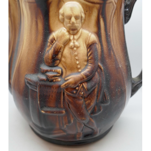 2009 - A large Rockingham pitcher with Shakespeare detail, height 24cm