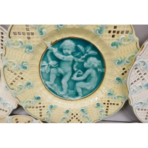 2014 - Five German Majolica plates depicting cherubs, possible Villeroy & Boch, 19th century, one a/f, 19.5... 