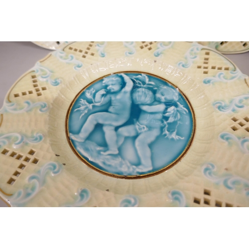 2014 - Five German Majolica plates depicting cherubs, possible Villeroy & Boch, 19th century, one a/f, 19.5... 