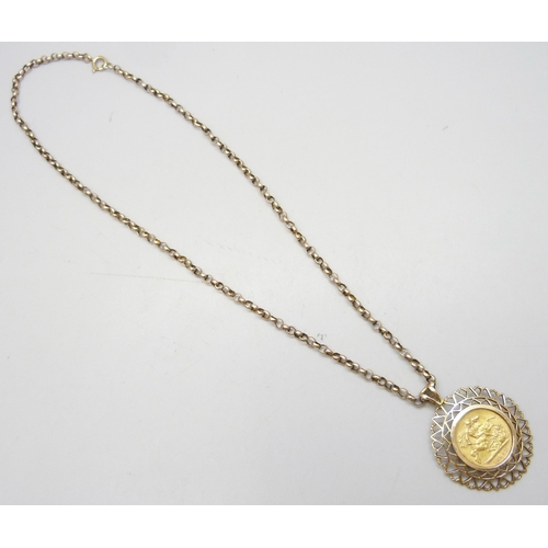 7001A - An 1895 Victorian half sovereign in a 9ct gold mount, on a 9ct gold belcher chain, 13.6g total weigh... 