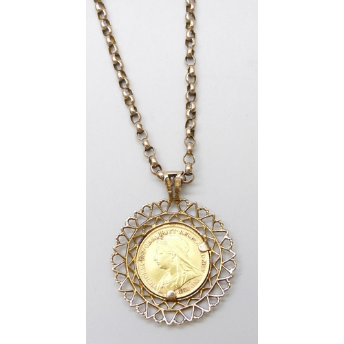 7001A - An 1895 Victorian half sovereign in a 9ct gold mount, on a 9ct gold belcher chain, 13.6g total weigh... 