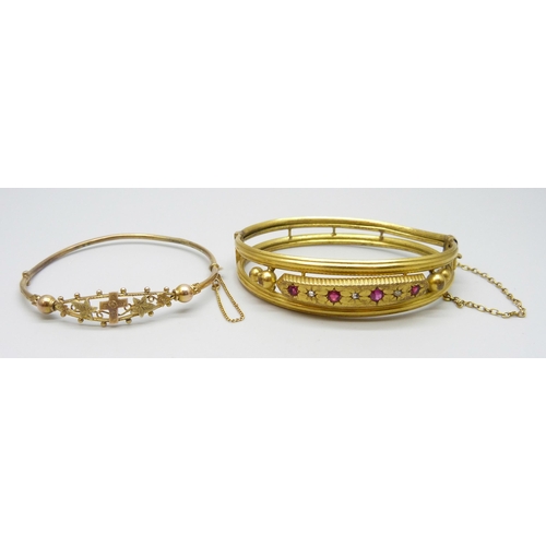 7005 - Two Victorian gilt bangles, one set with diamonds, 19g total weight