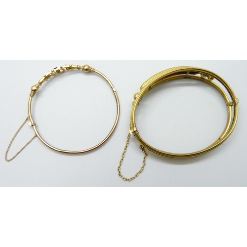 7005 - Two Victorian gilt bangles, one set with diamonds, 19g total weight