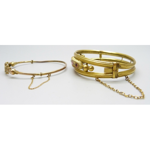 7005 - Two Victorian gilt bangles, one set with diamonds, 19g total weight