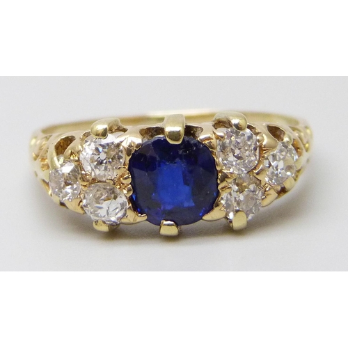 7007 - A Victorian yellow metal, sapphire and old cut diamond ring, 3.5g, Q