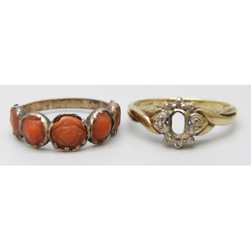 7021 - A 9ct gold ring, lacking central stone, O, and a 19th century coral set ring, M, a/f, 3.4g total