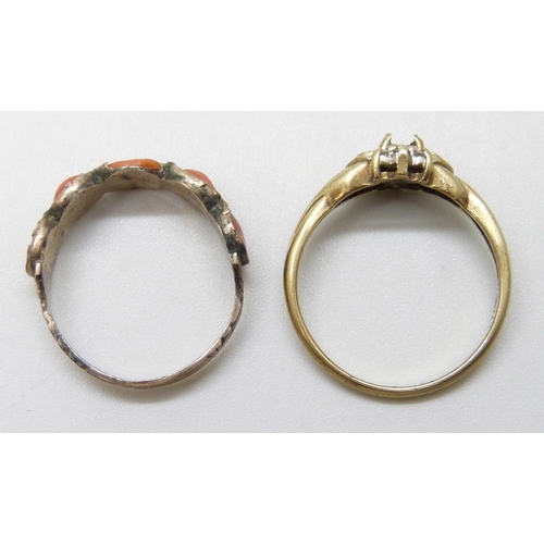 7021 - A 9ct gold ring, lacking central stone, O, and a 19th century coral set ring, M, a/f, 3.4g total