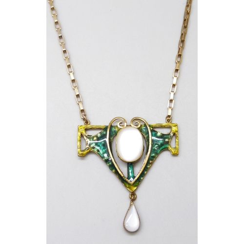 7034 - An Art Nouveau style gilt metal enamelled necklace, pendant 4cm