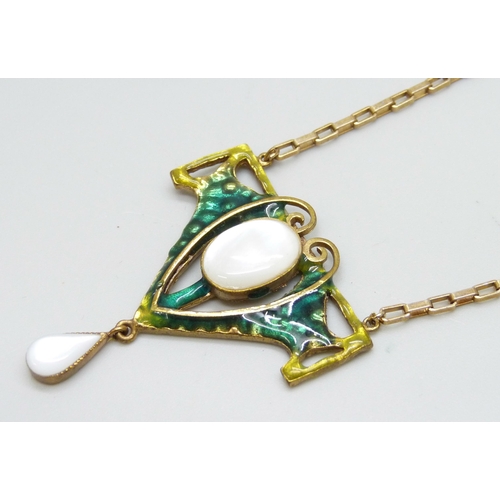 7034 - An Art Nouveau style gilt metal enamelled necklace, pendant 4cm