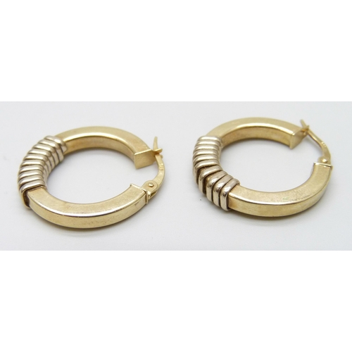 7036 - A pair of 9ct gold hoop earrings, some dents, 3.7g, 2.1cm