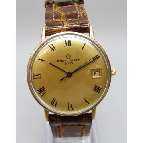 7187 - An Eterna-Matic 3000 wristwatch with date aperture, inscription to case back, 35mm including crown