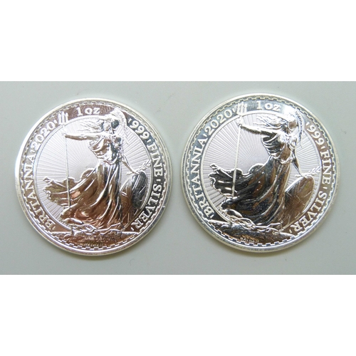 7204 - Two 2020 Britannia 1oz .999 fine silver £2 coins