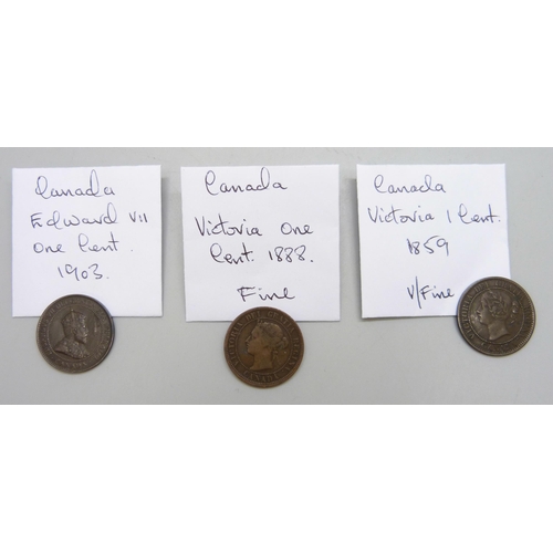 7216 - Coins; Canada Victoria 1 cent 1859, very fine condition, Canada Victoria 1 cent 1888, fine condition... 