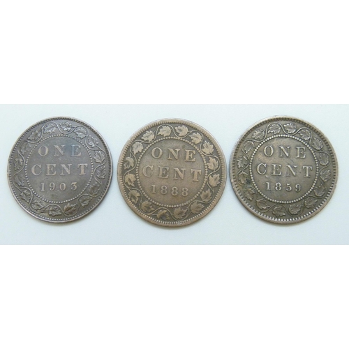 7216 - Coins; Canada Victoria 1 cent 1859, very fine condition, Canada Victoria 1 cent 1888, fine condition... 