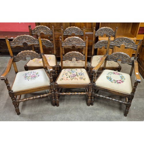 151 - A set of six 17th Century style carved oak Derbyshire dining chairs