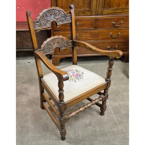 151 - A set of six 17th Century style carved oak Derbyshire dining chairs