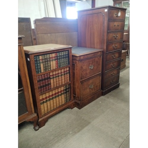 314 - A George III style burr elm filing cabinet, a mahogany filing cabinet and a walnut and faux book med... 