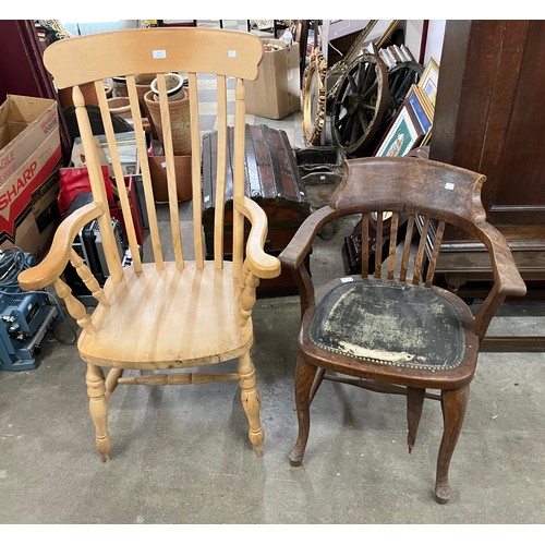 332 - A Victorian style beech farmhouse kitchen chair and an early 20th Century oak desk chair