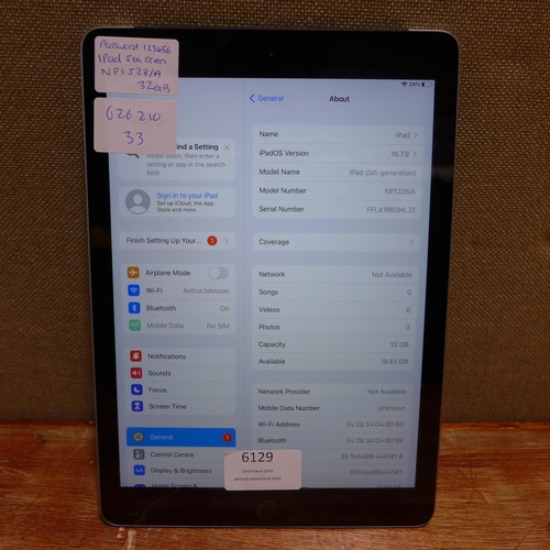 6129 - Apple ipad 5th Generation 32gb (model:NPIJ2B/A)  *This lot is subject to VAT