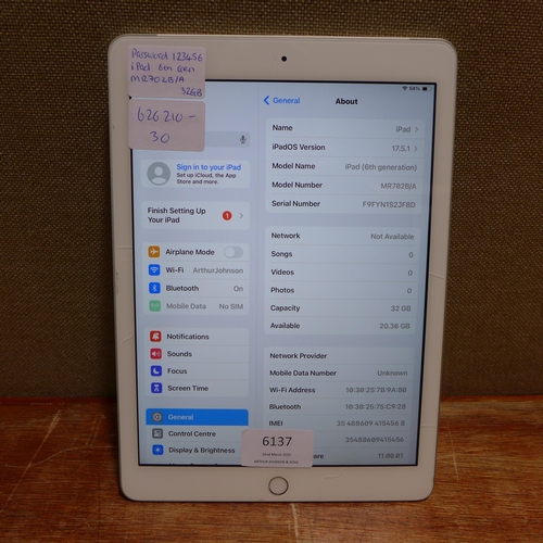 6137 - Apple ipad 6th Generation (model:MR702B/A)  *This lot is subject to VAT