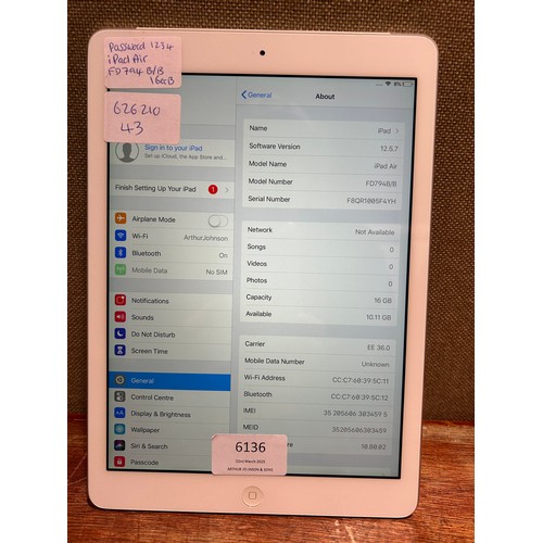 6136 - Apple ipad Air 16gb (model:FD794B/B)  *This lot is subject to VAT