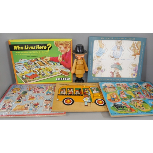 2106 - Vintage wooden jigsaw puzzles including Beatrix Potter, Magic Roundabout, Fisher Price, etc. (8) **P... 