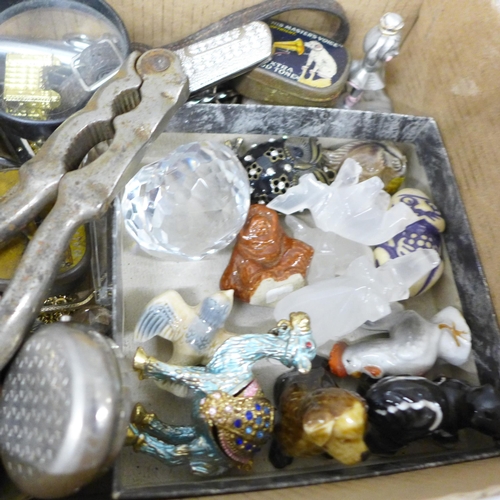 2076 - A Jerusalem wood pin cushion, Wade Whimsies, magnifying glasses and assorted other items