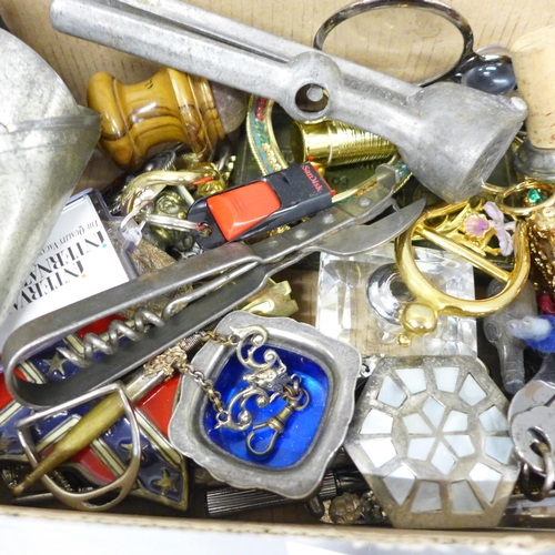 2076 - A Jerusalem wood pin cushion, Wade Whimsies, magnifying glasses and assorted other items
