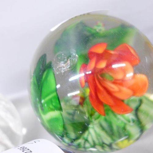 2078 - A collection of glass paperweights, including one Selkirk, a Whitefriars controlled bubble dish and ... 