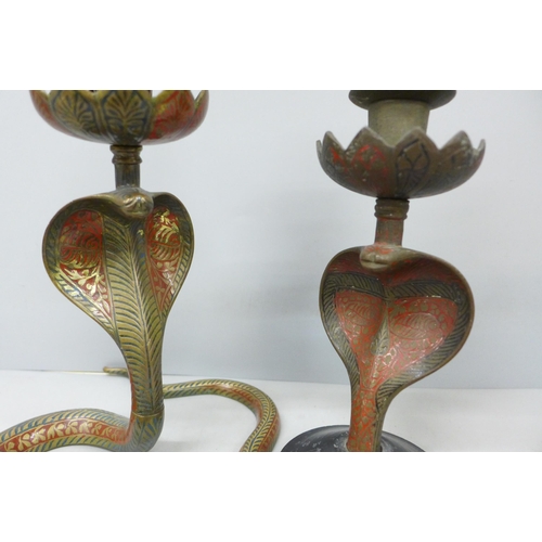 2087 - Two brass candlesticks with enamelled detail, in the form of serpents