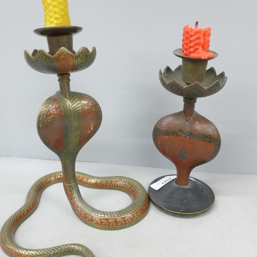 2087 - Two brass candlesticks with enamelled detail, in the form of serpents