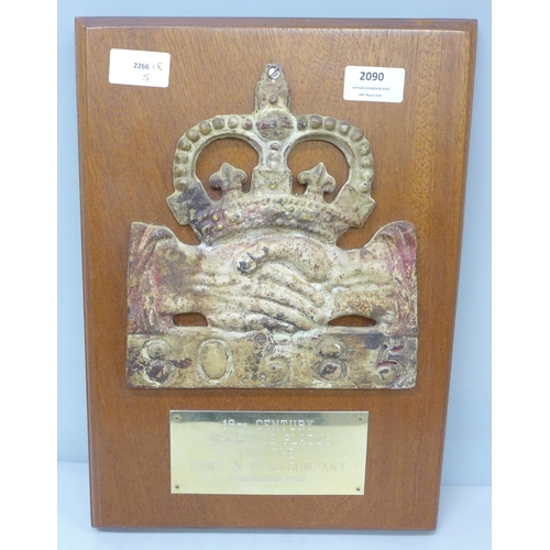 2090 - An 18th century insurance plaque for the Hand-in-Hand Company, established 1696