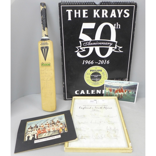 2097 - Sport ephemera; England World Cup winning picture 1966, signed cricket bat, Formula 1 picture, etc.