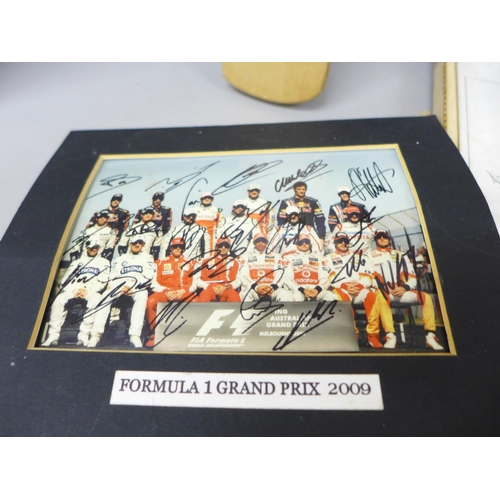 2097 - Sport ephemera; England World Cup winning picture 1966, signed cricket bat, Formula 1 picture, etc.