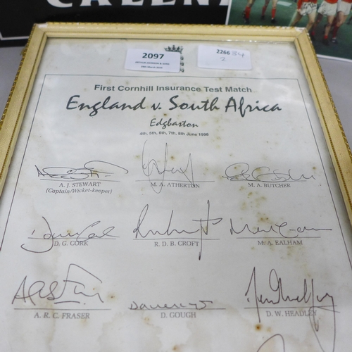 2097 - Sport ephemera; England World Cup winning picture 1966, signed cricket bat, Formula 1 picture, etc.