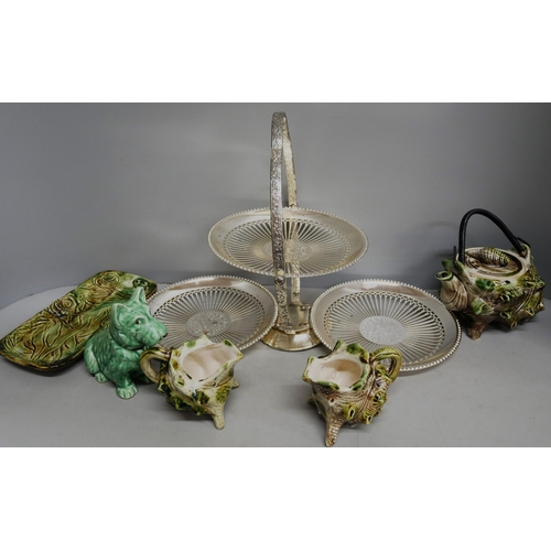 2111 - A conch shell shaped teapot and two milk jugs, a Sylvac dog figure and a collection of silver plated... 