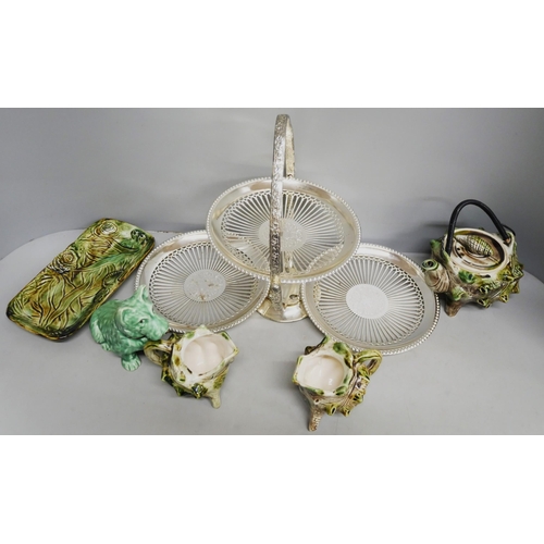 2111 - A conch shell shaped teapot and two milk jugs, a Sylvac dog figure and a collection of silver plated... 