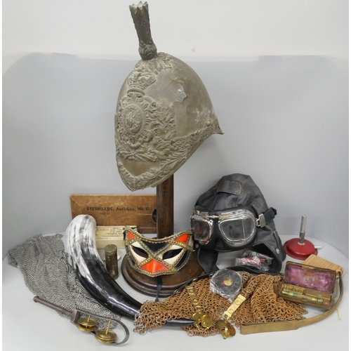 2115 - A box of assorted re-enactment items o include a replica flying helmet with goggles, various US mili... 