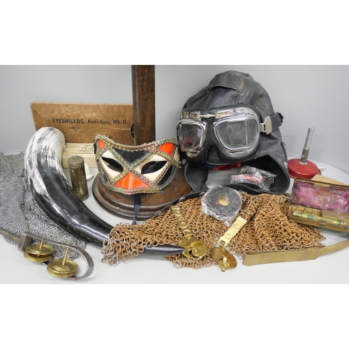2115 - A box of assorted re-enactment items o include a replica flying helmet with goggles, various US mili... 