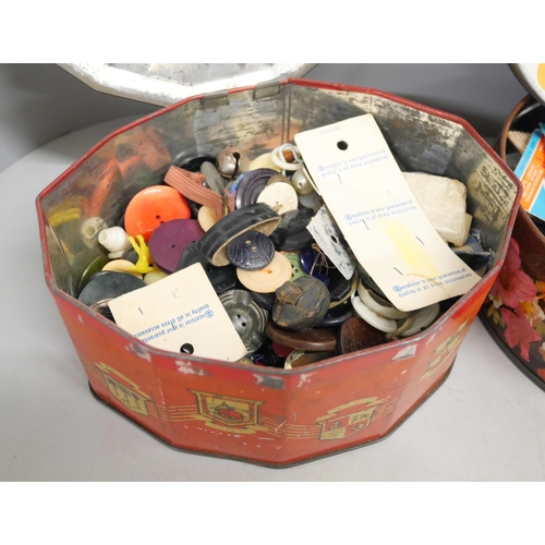 2165 - A collection of vintage tins including three with a collection of buttons