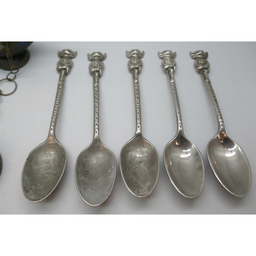 2181 - A brass box and plaque, a BP oil can cap, five Lincoln Imp spoons, etc.
