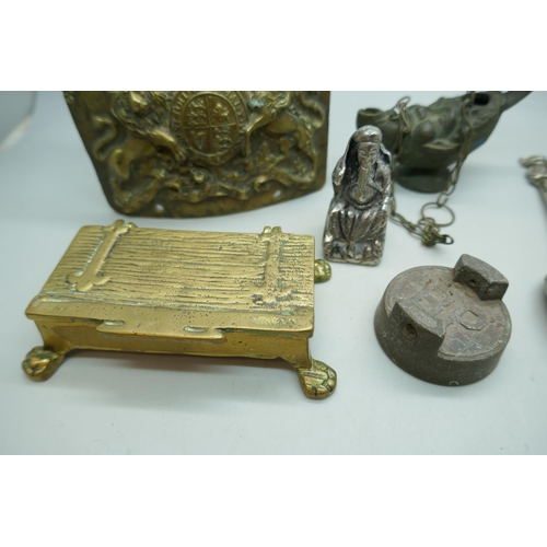 2181 - A brass box and plaque, a BP oil can cap, five Lincoln Imp spoons, etc.
