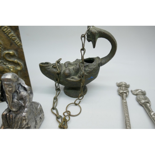 2181 - A brass box and plaque, a BP oil can cap, five Lincoln Imp spoons, etc.