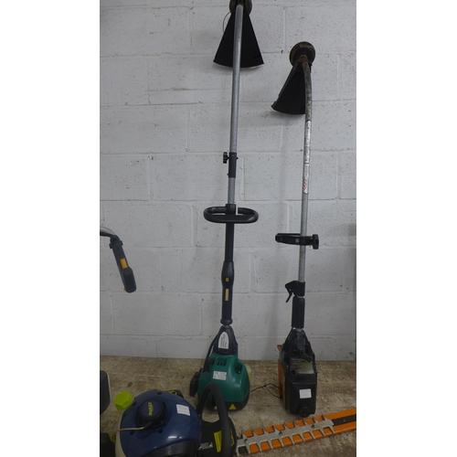 5193A - Three petrol garden tools - A Challenge Xtreme QJB23 22.5cc hedge trimmer, a Flymo MaxiTrim 430 stri... 