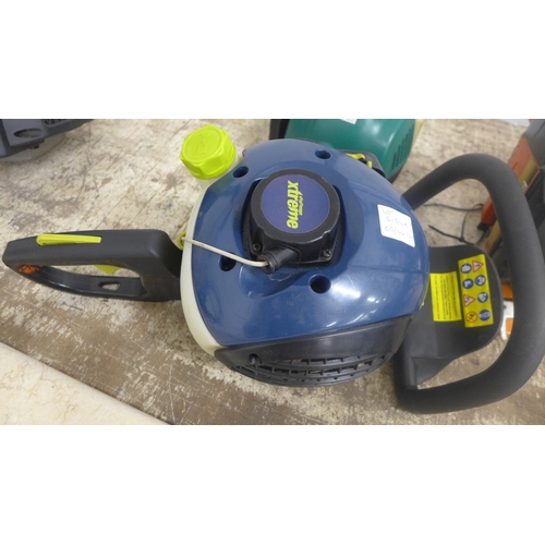 5193A - Three petrol garden tools - A Challenge Xtreme QJB23 22.5cc hedge trimmer, a Flymo MaxiTrim 430 stri... 