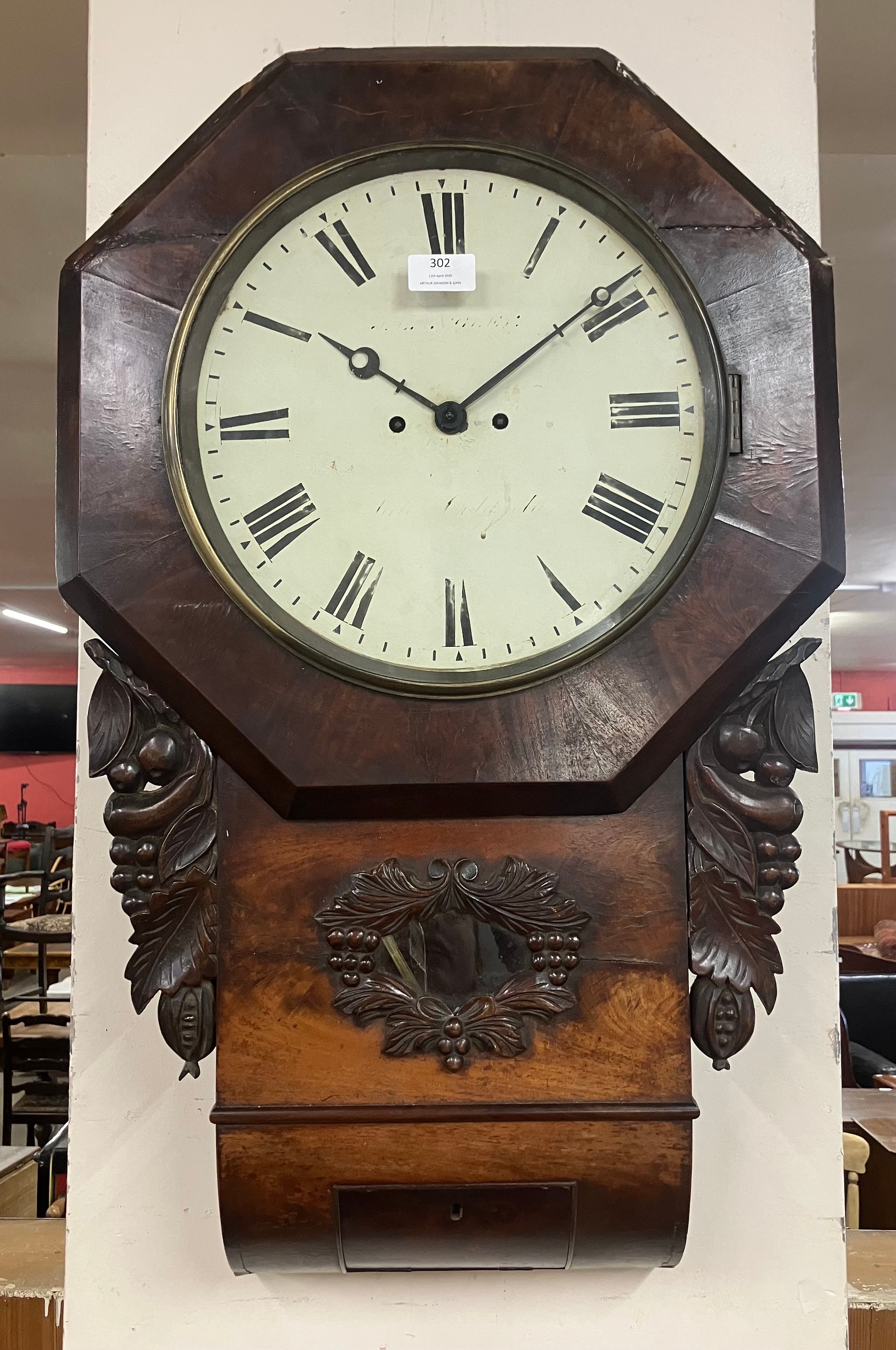 A 19th Century mahogany octagonal drop dial double fusee wall clock
