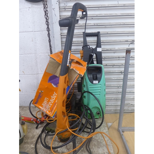 5181 - A green 240V pressure washer and a Worx, 240V garden strimmer and lawn spreader